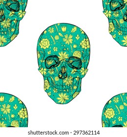 Psychedelic seamless green skull pattern with green flowers. White background.