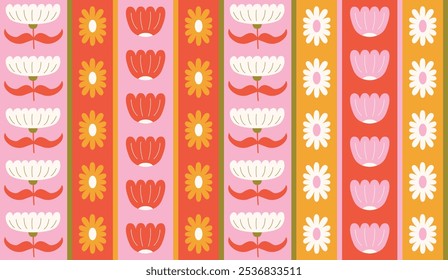 Padrão sem emenda psicodélico com flores geométricas abstratas em estilo retrô. Fundo floral do vetor. Vintage impressão na moda com margarida funky flores em estilo 1970