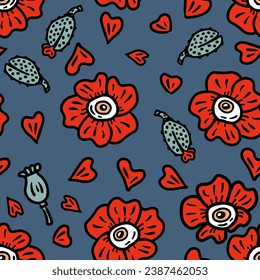 Psychedelic seamless pattern with big eyed poppy flowers and buds. Magic print for tee, paper, textile and fabric. Hand drawn vector illustration.


