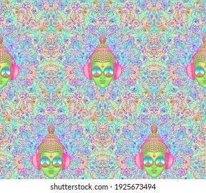 Psychedelic seamless pattern with Buddha in headphones over sacred geometry. Vector illustration. Hippie peace sign on sunglasses. Psychedelic concept. Buddhism, trance music. Esoteric art.
