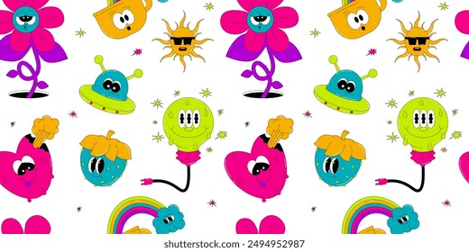 Psychedelic seamless pattern with characters in groovy style. The heart, sun, flower and more with funny faces. Retro vector elements in acid colors on white background