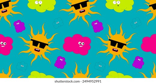 Psychedelic seamless pattern with characters in groovy style. The sun with sunglasses and clouds with funny faces. Retro vector elements in acid colors on blue background