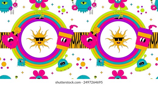 Psychedelic seamless pattern with characters in groovy style. The heart, drink, flower and more with funny faces. Retro vector elements in acid colors on white background