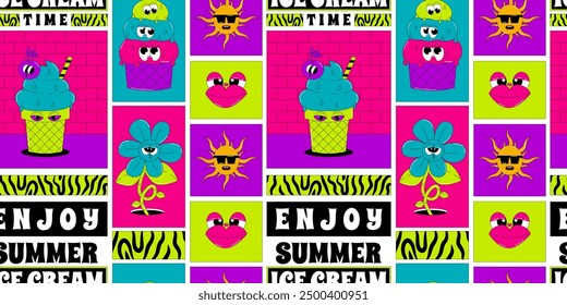 Psychedelic seamless pattern with characters in groovy style. The ice cream, sun, flower and more elements. Retro vector background in acid colors