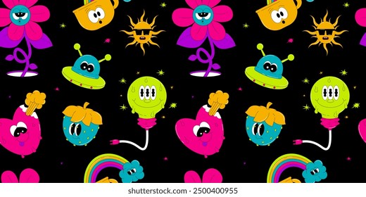 Psychedelic seamless pattern with characters in groovy style. The heart, sun, flower and more with funny faces. Retro vector elements in acid colors on black background