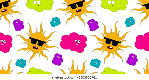 Psychedelic seamless pattern with characters in groovy style. The sun with sunglasses and clouds with funny faces. Retro vector elements in acid colors on white background