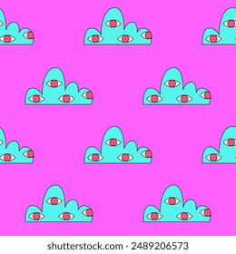 Psychedelic Seamless Pattern. Clouds with Eyes. Vector Illustration.