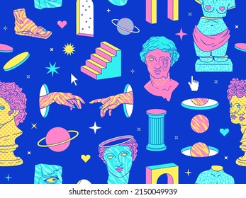 Psychedelic seamless pattern with colorful greek statues, ancient sculpture, arch, column, planet and surreal elements. Cartoon vector background in trendy psychedelic trippy style.