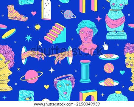 Psychedelic seamless pattern with colorful greek statues, ancient sculpture, arch, column, planet and surreal elements. Cartoon vector background in trendy psychedelic trippy style.