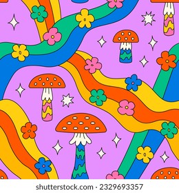 Psychedelic seamless pattern with colorful mushrooms, daisy flowers and wavy abstract shapes. Trippy and groovy vector background. Kid core aesthetic. 