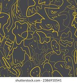 Psychedelic seamless pattern with cute hand drawn anthropomorphic creatures 