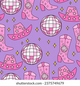 Psychedelic seamless pattern with disco balls, cowgirl boots and hats. Vector outline background in 1960s style