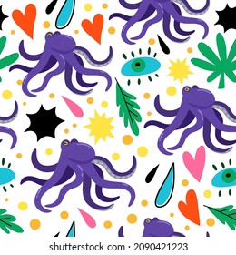 Psychedelic seamless pattern with doodle colorful design elements. Abstract simple shapes, hearts and octopus.