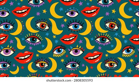 Psychedelic seamless pattern featuring abstract eyes lips moons and stars. Ideal for textile design or quirky branding.