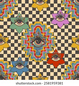 psychedelic seamless pattern flowers with eyes, checkered