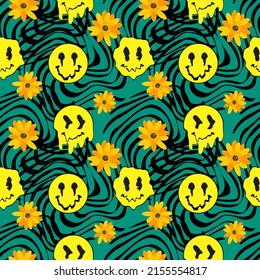 Psychedelic seamless pattern with funny cartoon characters, flowers, emoji and surreal elements. Hippie and 60s, 70s groovy fashion.