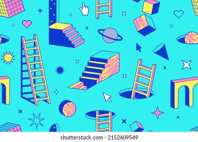 Psychedelic seamless pattern with geometric shapes, surreal elements. Abstract vector background in trendy psychedelic trippy style. Arch, stairs, surreal and geometric shapes. Acid neon colors.
