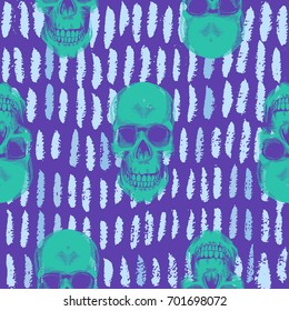 Psychedelic seamless pattern with green human skulls drawn against purple background with short blue paint traces. Vector illustration in pop art style for wallpaper, textile print, wrapping paper