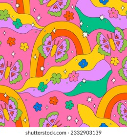Psychedelic seamless pattern with groovy retro butterflies, rainbow and flowers. Colorful trippy vector background