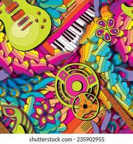 Psychedelic Seamless Pattern With Guitar And Synth