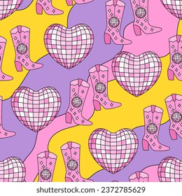 Psychedelic seamless pattern with heart shaped disco balls and cowgirl boots. Vector outline background in 1960s style