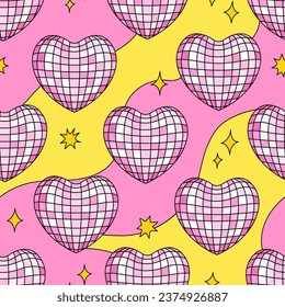 Psychedelic seamless pattern with heart shaped disco balls. Vector wavy background in 1960s style