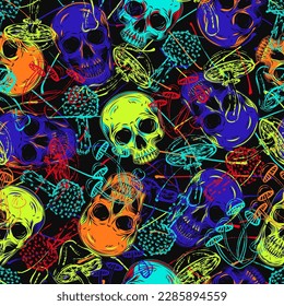 Psychedelic seamless pattern with human skulls, fantasy mushrooms. Grunge style of outline of mushrooms. Bright neon colors. Textured background behind. Good for clothing, fabric, textile, sport goods