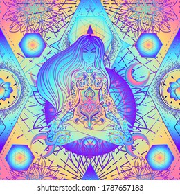 Psychedelic seamless pattern with magic girl sitting and meditation in lotus position over geometry. Vector repeating illustration. Psychedelic concept. Rave party, trance music. Esoteric art.