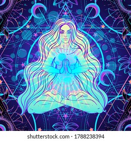 Psychedelic seamless pattern with magic girl sitting and meditation in lotus position over geometry. Vector repeating illustration. Psychedelic concept. Rave party, trance music. Esoteric art.