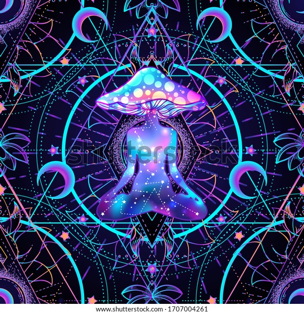 Psychedelic seamless pattern with\
magic mushrooms over sacred geometry. Vector repeating\
illustration. Psychedelic concept. Rave party, trance music.\
Esoteric art.