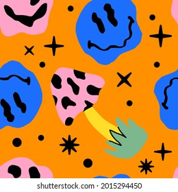 Psychedelic seamless pattern with mushrooms and melting smiling faces. The 1970's like style.