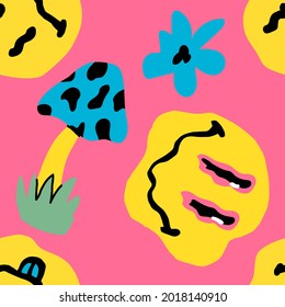 Psychedelic seamless pattern with mushrooms and melting faces. The 1970's like style.