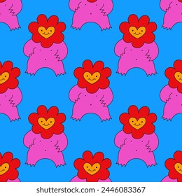 psychedelic seamless pattern - retro heart character with hands and face. Hippie and funky style - only good vibes. Background and ornament for fabric. Y2k vintage print. Groove 1970s back. 