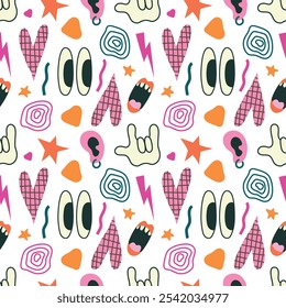 Psychedelic seamless pattern. Rock sign, eyes, open mouth, lips, lightning and other bright elements. Vector illustration for teenage clothing, background, case, cover, packaging, wrapping paper