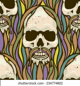 Psychedelic  Seamless Pattern with Skulls 