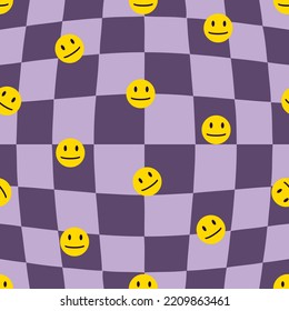 Psychedelic seamless pattern with smiling faces on trippy grid background. Groovy print for tee, paper, fabric, textile. Retro style vector illustration for decor and design.






