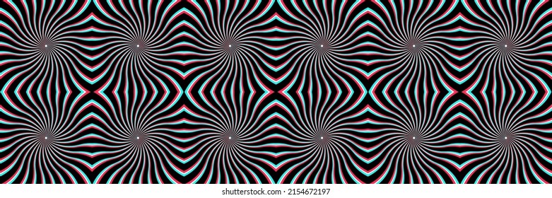 Psychedelic Seamless Pattern of Spiral Sunbursts with CMYK Offset Print Effect. Spinning Optical Illusion Background. Repeating Pattern Tile Included in Vector File.