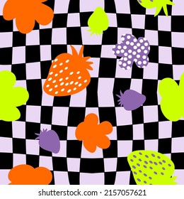 Psychedelic seamless pattern with strawberries and spotted flowers on trippy grid. Groovy summer print for fabric, paper, T-shirt. Hippie aesthetic vector illustration for decor and design.
