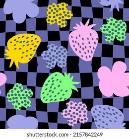 Psychedelic seamless pattern with strawberries and spotted flowers. Retro summer print for fabric, paper, T-shirt in 1970s style. Trippy grid distorted vector background for decor and design.


