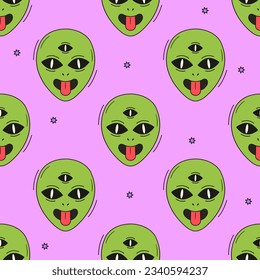 Psychedelic seamless pattern with trippy alien head. Groovy ufo character vector background. 70s and 80s style funky texture. Abstract acid art