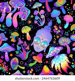 Patrón sin fisuras psicodélicas: hongos trippy y Buddha ácido. Fondo con Elementos de droga trippy drogados en estilo cómic de dibujos animados.