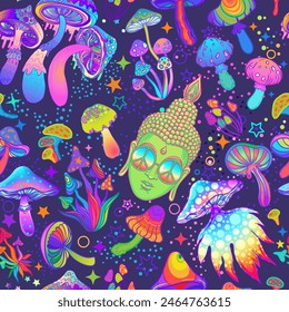 Patrón sin fisuras psicodélicas: hongos trippy y Buddha ácido. Fondo con Elementos de droga trippy drogados en estilo cómic de dibujos animados.