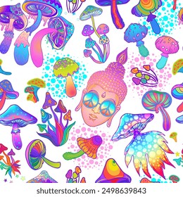 Psychedelic seamless pattern: trippy mushrooms and acid Buddha. Background with stoned trippy drug elements