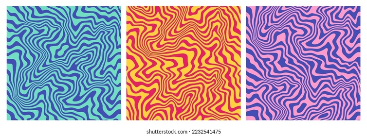 Psychedelic Seamless Pattern with Waves. Trippy Swirl Retro Texture. Vector Groovy Vibe Backgrounds with Lines