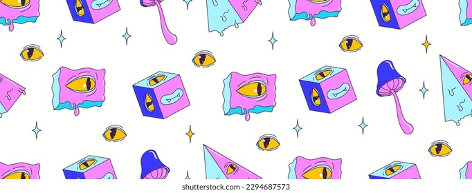 Patrón psicodélico sin fisuras con carácter y elementos de caricatura raros. Ojo trippy, hongo, cubo, pirámide. Ilustración vectorial moderna.