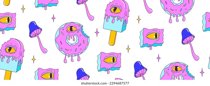 Patrón psicodélico sin fisuras con el carácter y los elementos raros del postre de dibujos animados. Helado, donut, ojos trippy, setas. Ilustración vectorial moderna.