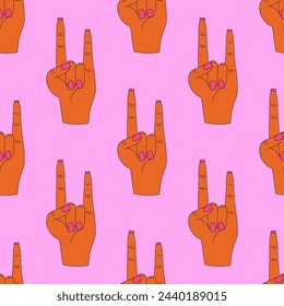 psychedelic seamless pattern-hands with hippie gestures.1970 aesthetics ornament.Rainbow funky and groove vibes.Gestures of hands of different colors.Punk print for clothes,paper.Trippy art,peace