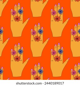 psychedelic seamless pattern-hands with hippie gestures.1970 aesthetics ornament.Rainbow funky and groove vibes.Gestures of hands of different colors.Punk print for clothes,paper.Trippy art,peace