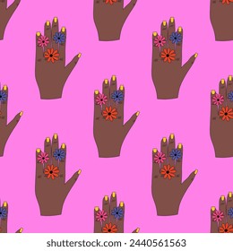 psychedelic seamless pattern-hands with hippie gestures.1970 aesthetics ornament.Rainbow funky and groove vibes.Gestures of hands of different colors.Punk print for clothes,paper.Trippy art,peace