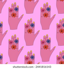 psychedelic seamless pattern-hands with hippie gestures.1970 aesthetics ornament.Rainbow funky and groove vibes.Gestures of hands of different colors.Punk print for clothes,paper.Trippy art,peace